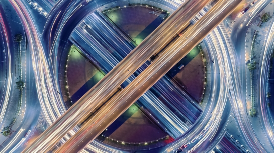 An aerial shot of an intersection 